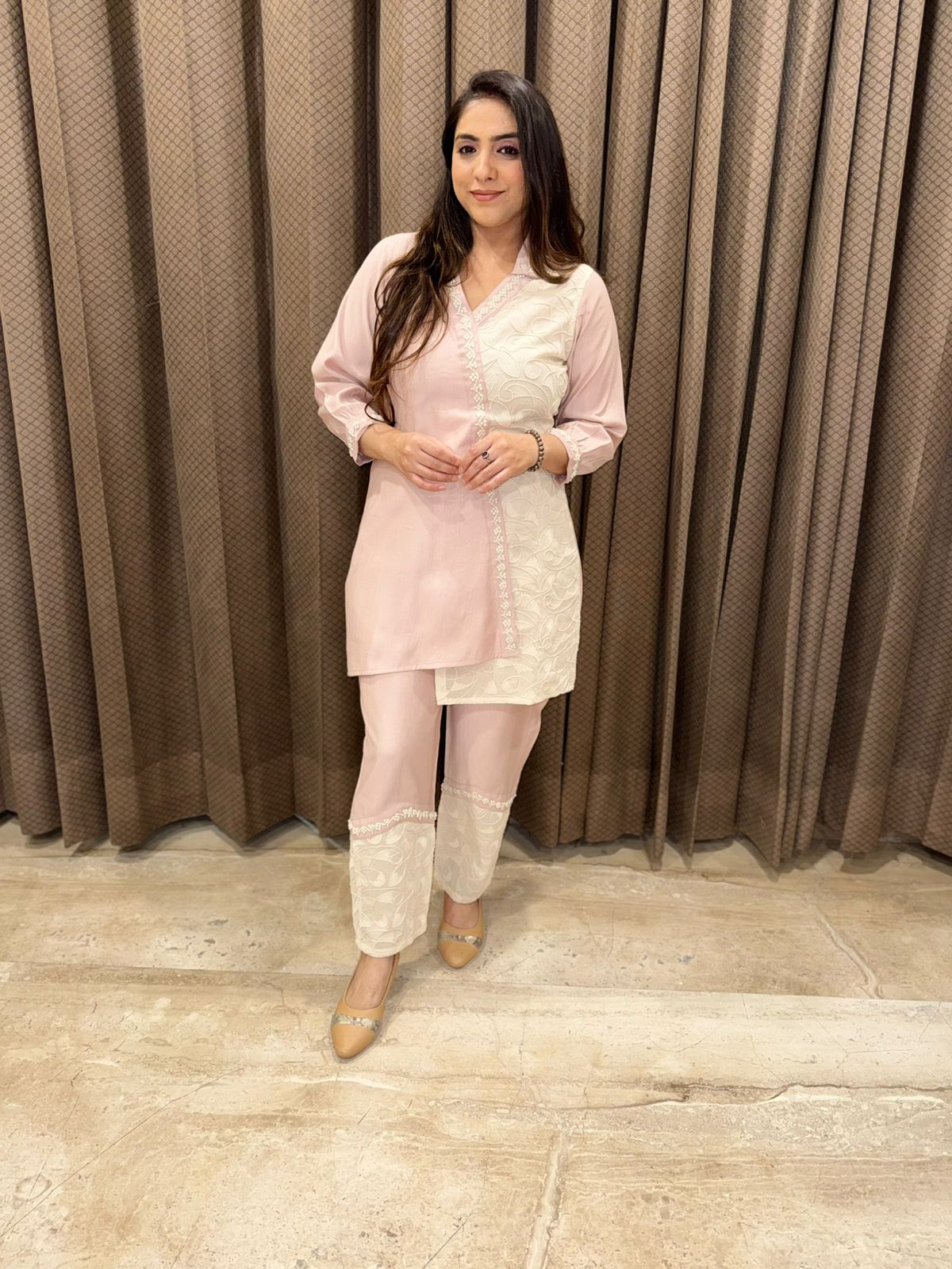 Designer Half & Half Co-ord set with pearl handwork