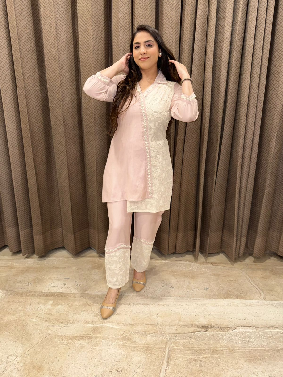Designer Half & Half Co-ord set with pearl handwork