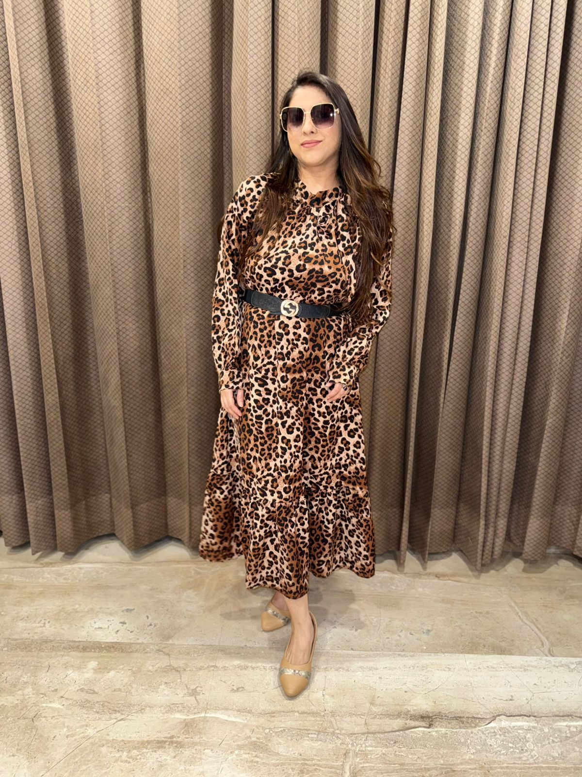 Stylish Coffee brown leopard print midi flowy dress
