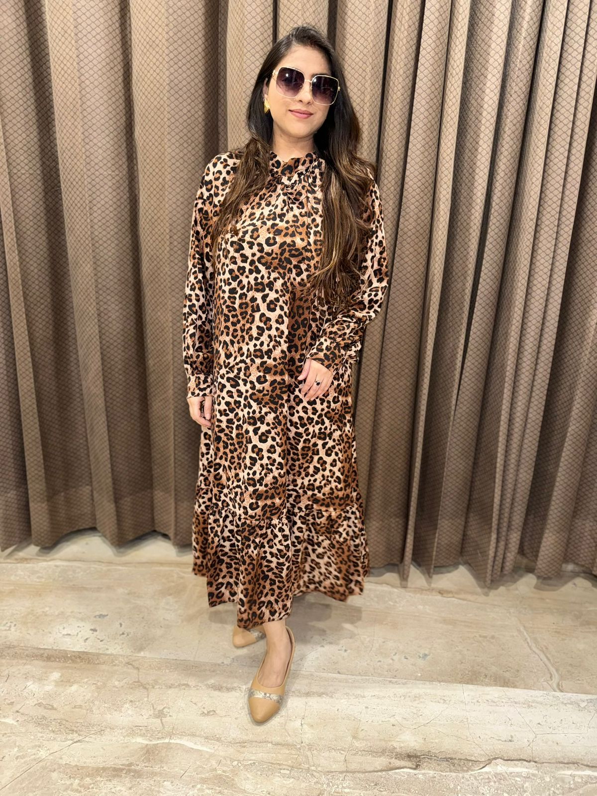 Stylish Coffee brown leopard print midi flowy dress