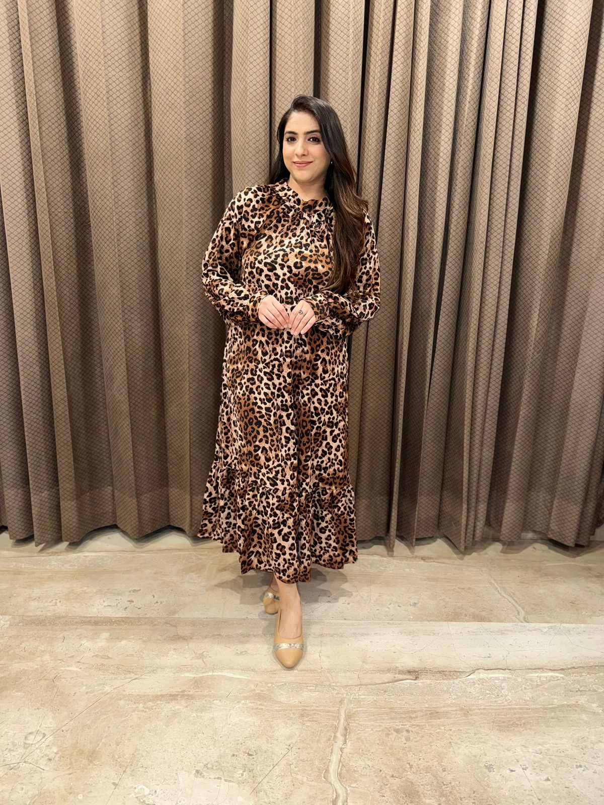 Stylish Coffee brown leopard print midi flowy dress