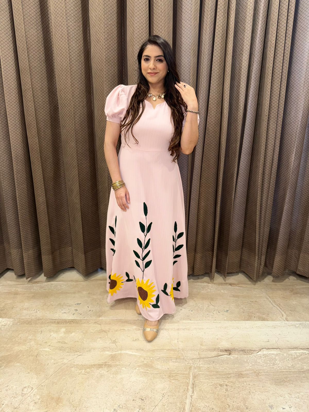 Pink Midi dress with Aari work of sunflower detailing