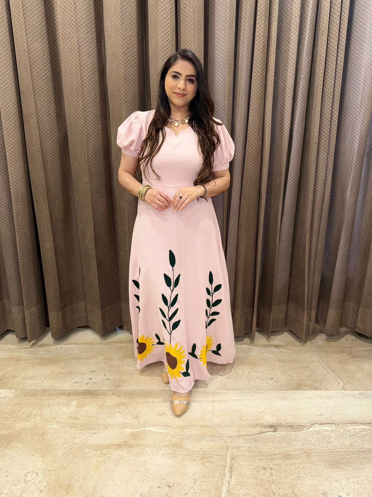 Pink Midi dress with Aari work of sunflower detailing