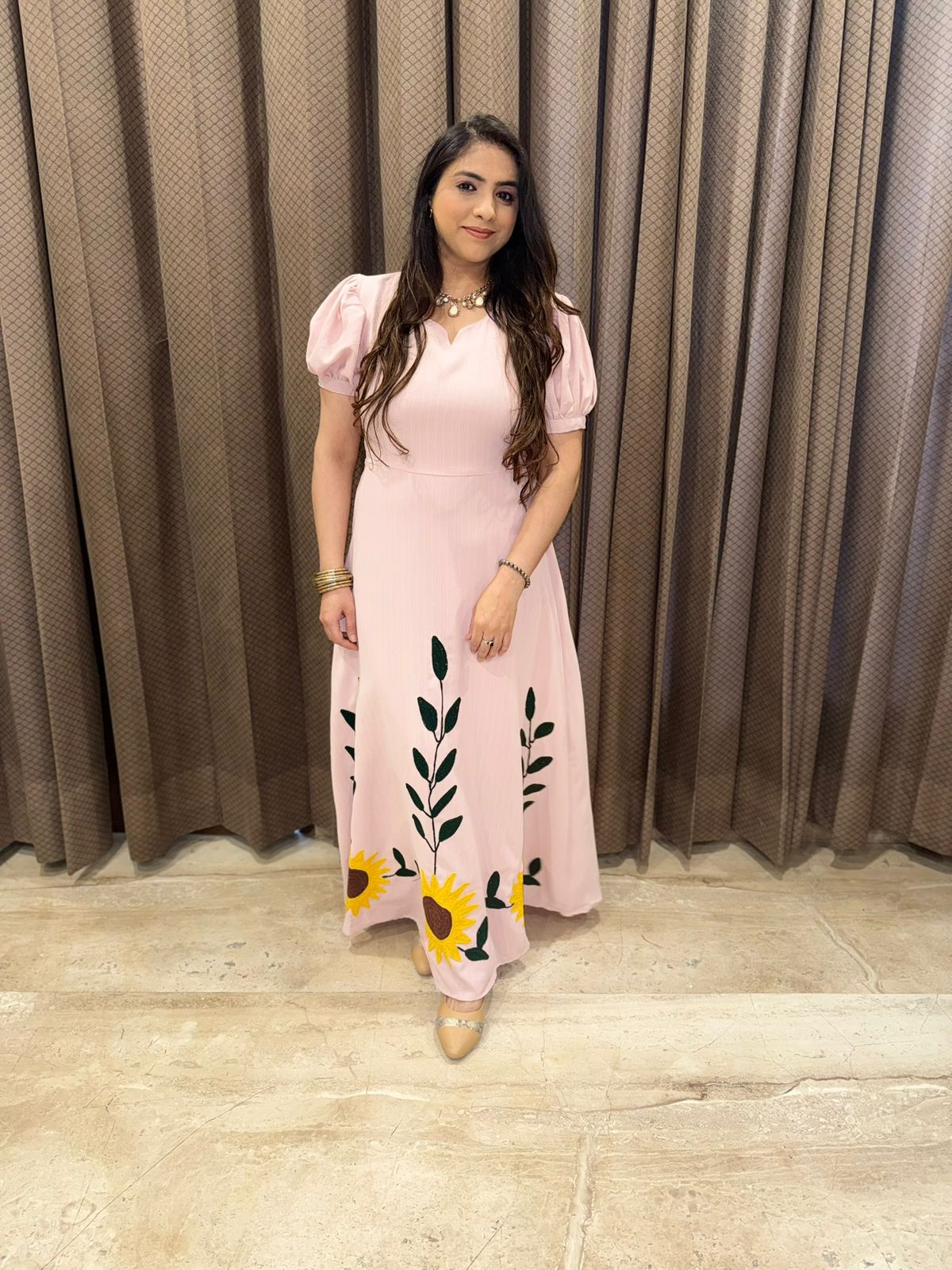 Pink Midi dress with Aari work of sunflower detailing