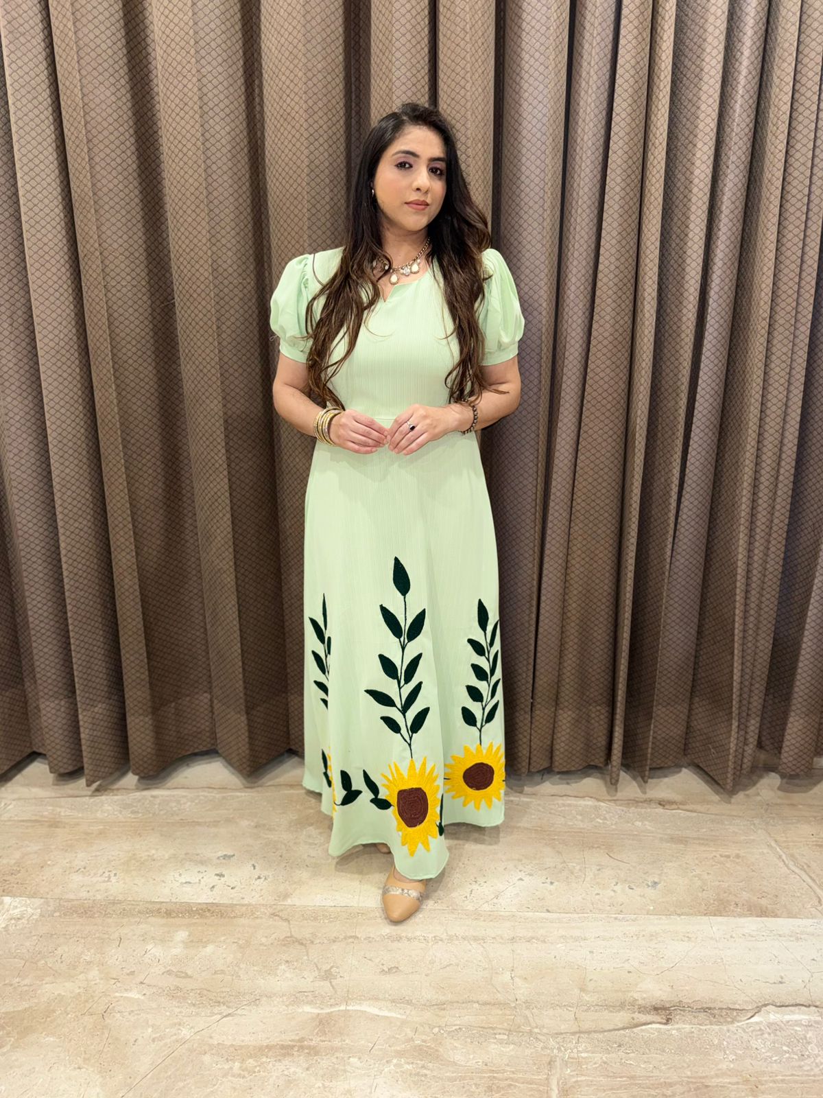 Green Midi dress with Aari work of sunflower detailing