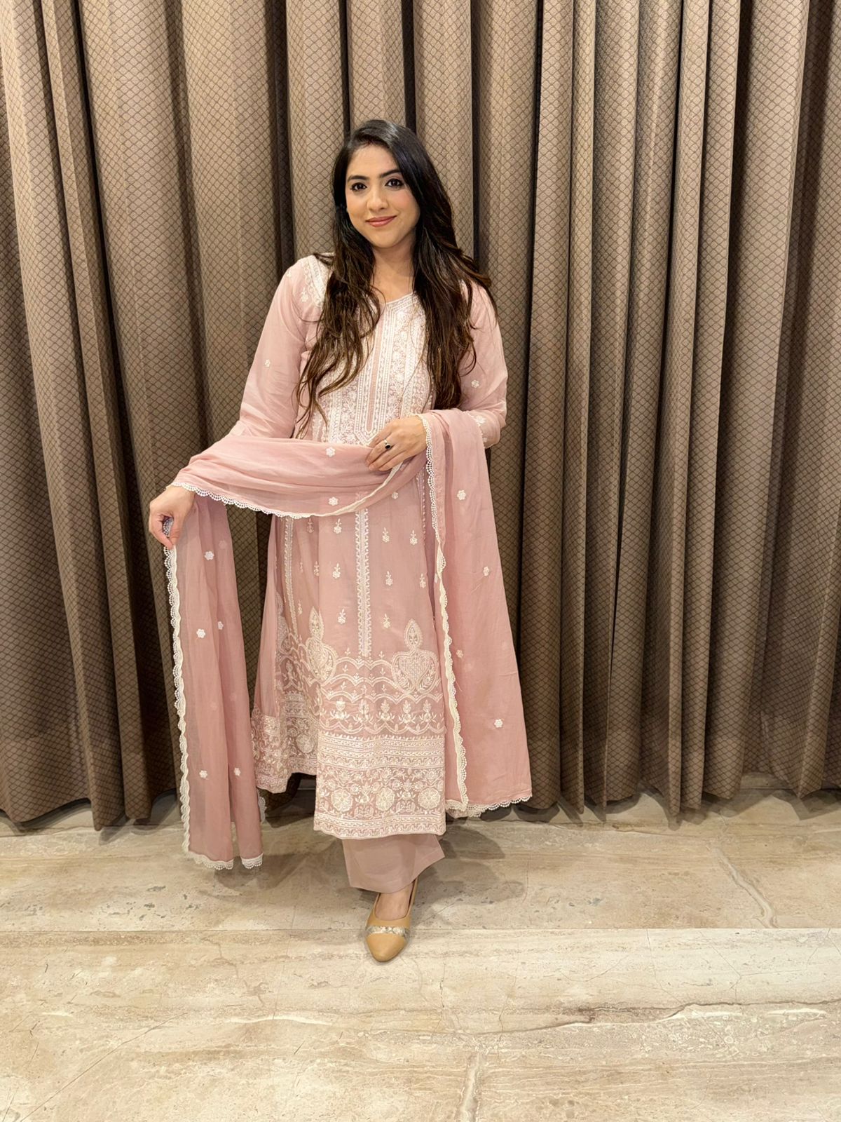 Elegant rose pink anarkali set with thread embroidered & sequence