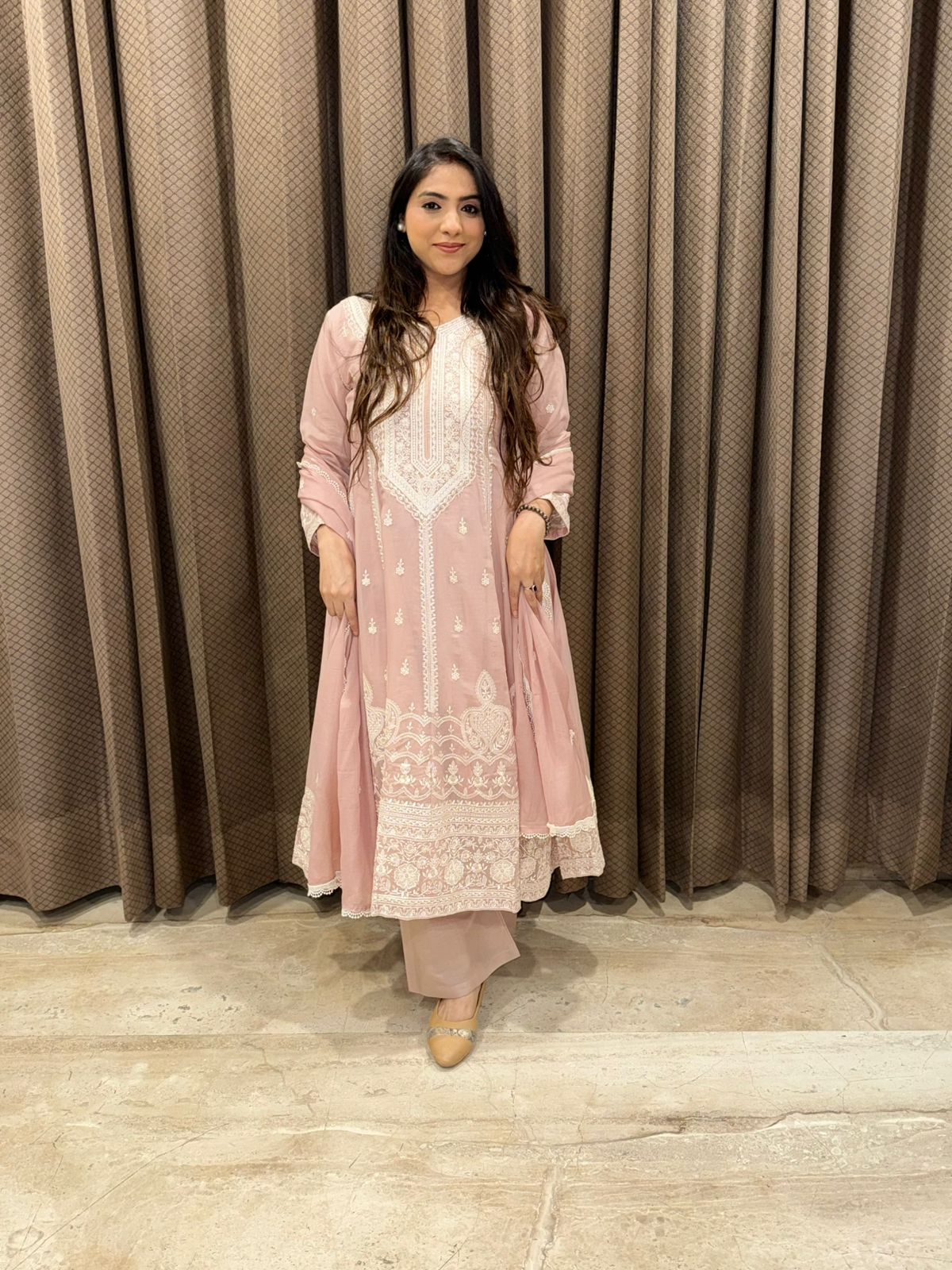 Elegant rose pink anarkali set with thread embroidered & sequence