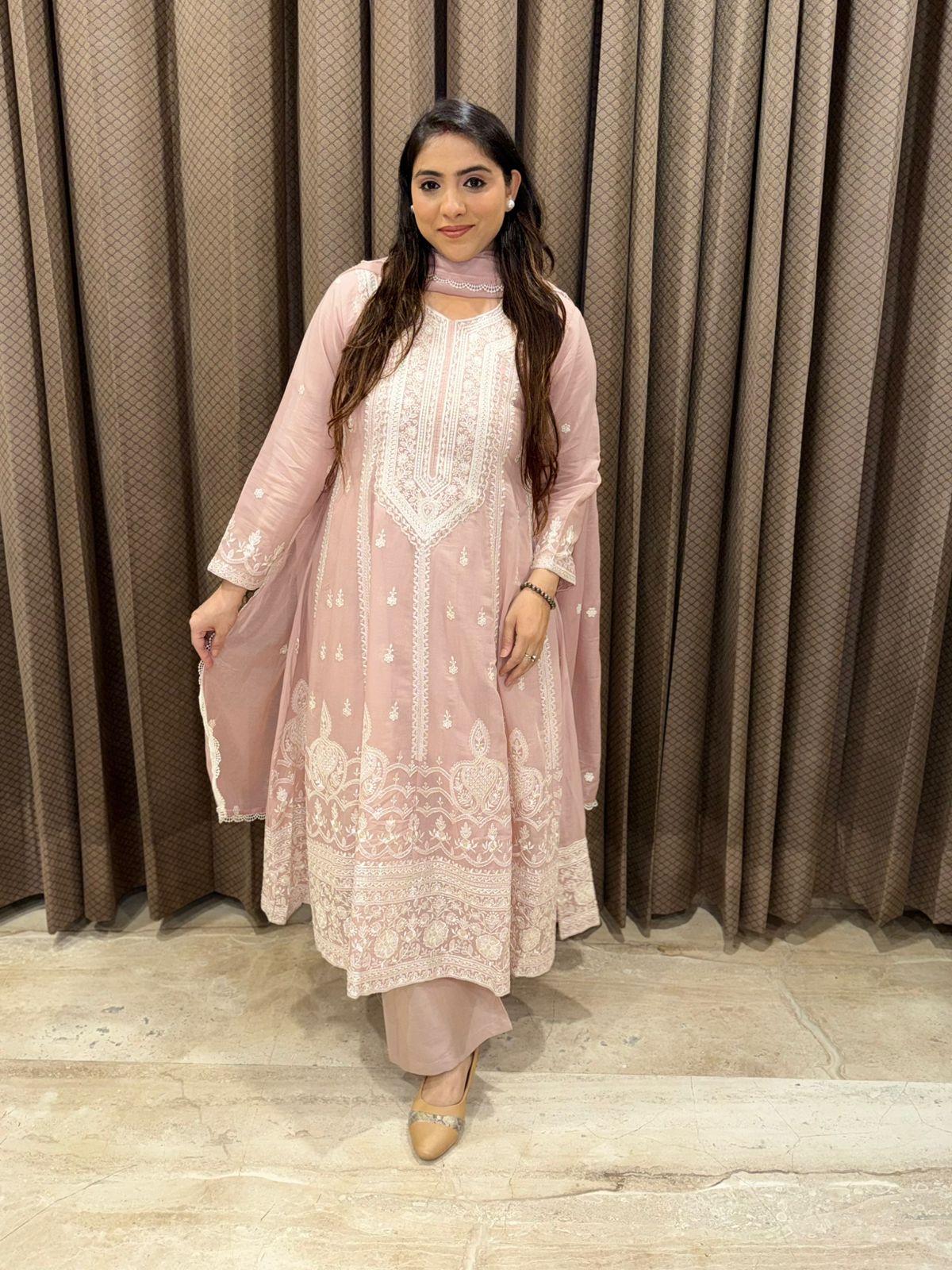 Elegant rose pink anarkali set with thread embroidered & sequence