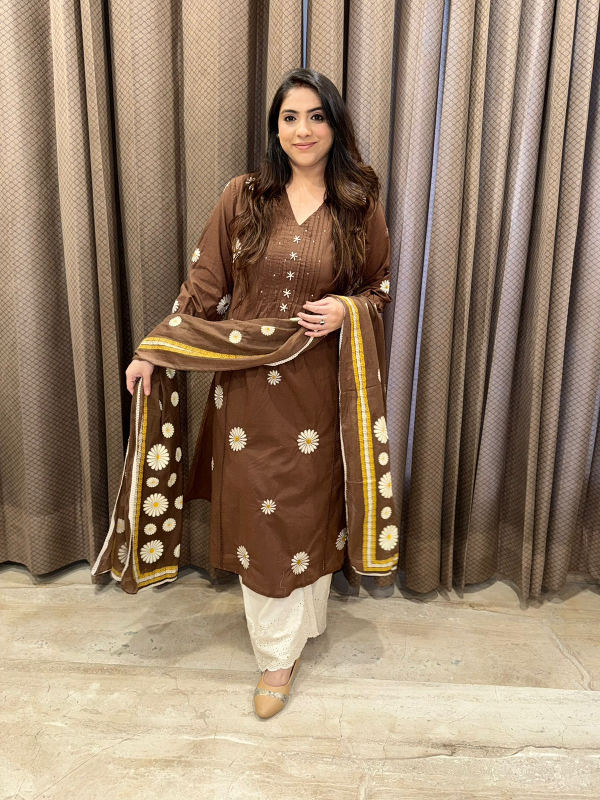 Designer Brown sunflower embroidered Suit set with dupatta