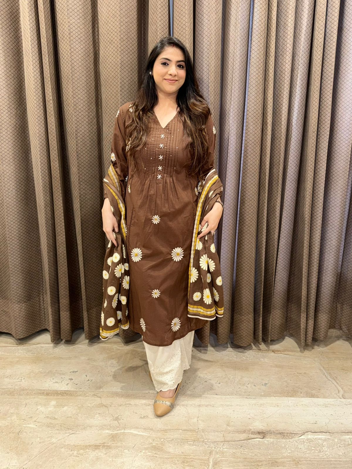 Designer Brown sunflower embroidered Suit set with dupatta