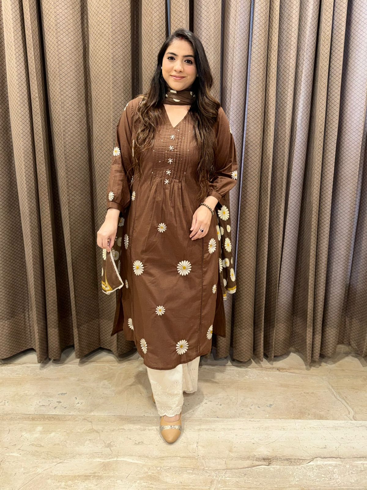 Designer Brown sunflower embroidered Suit set with dupatta