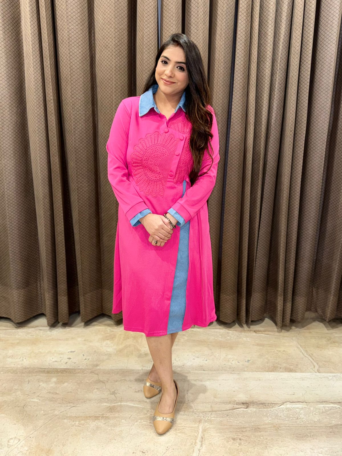 Vibrant Pink Midi Dress with Denim Collar and Panel Accent