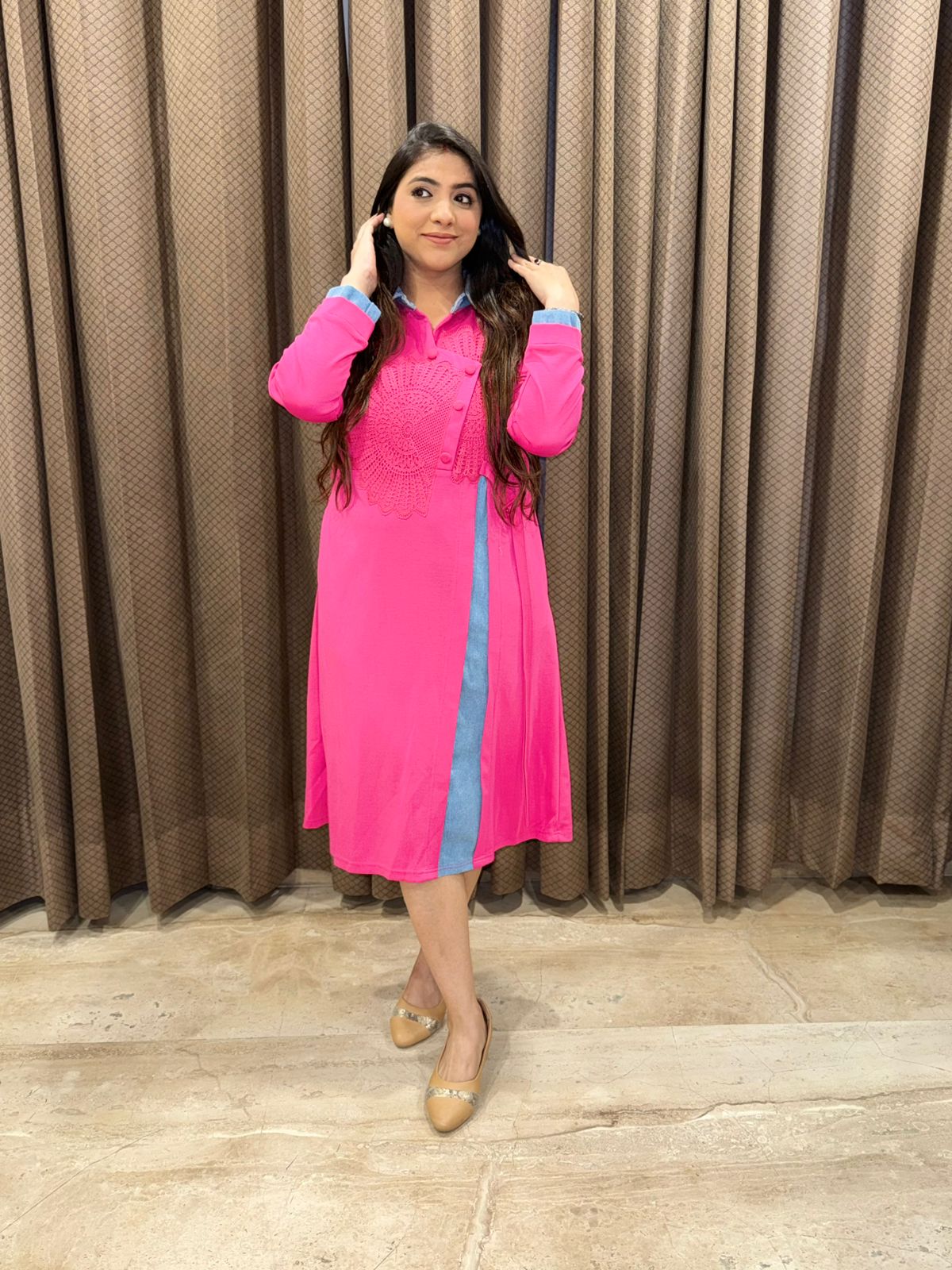 Vibrant Pink Midi Dress with Denim Collar and Panel Accent