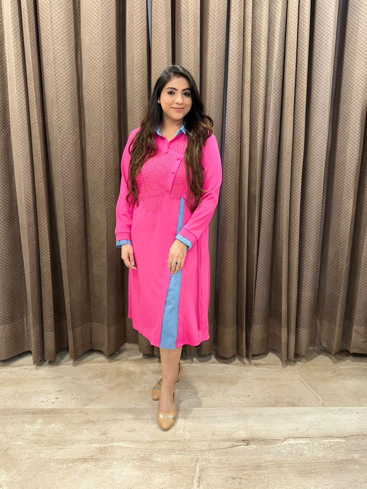 Vibrant Pink Midi Dress with Denim Collar and Panel Accent