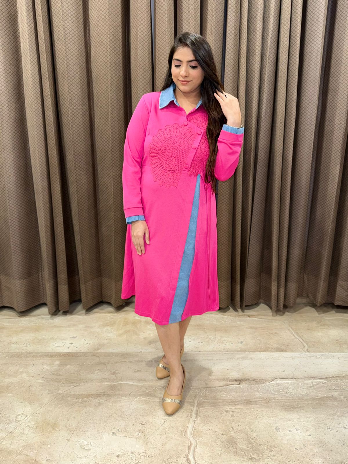 Vibrant Pink Midi Dress with Denim Collar and Panel Accent