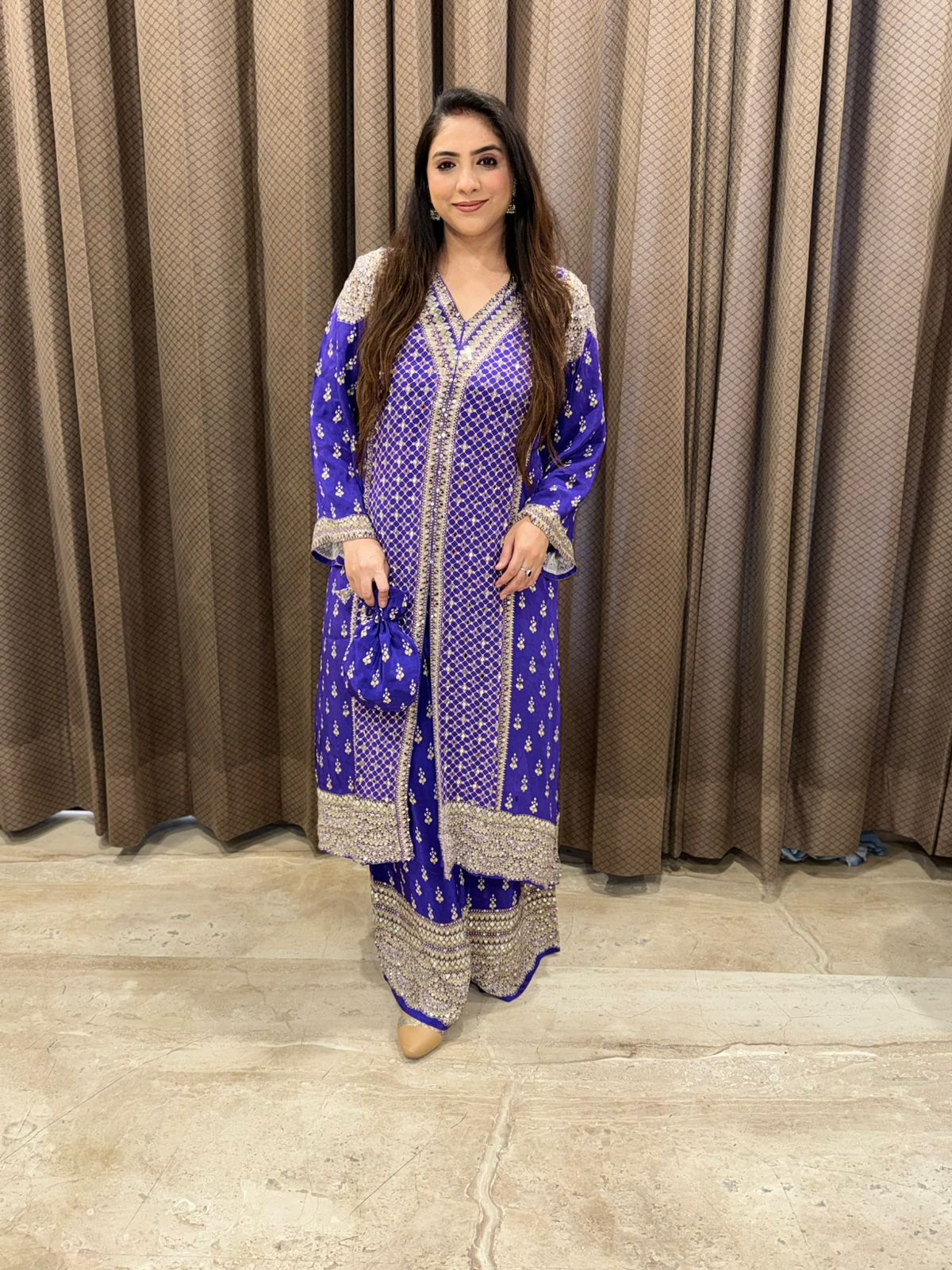 Designer Purple Indo western style with potli and Mirror detailing