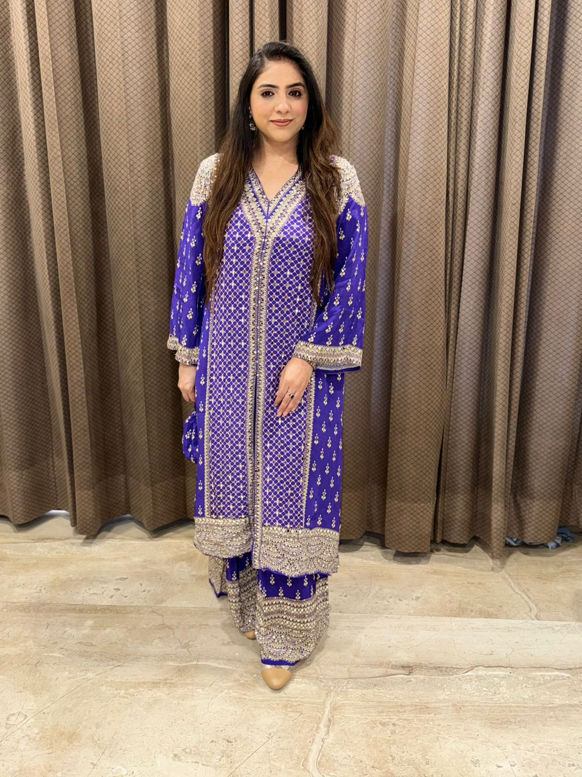 Designer Purple Indo western style with potli and Mirror detailing