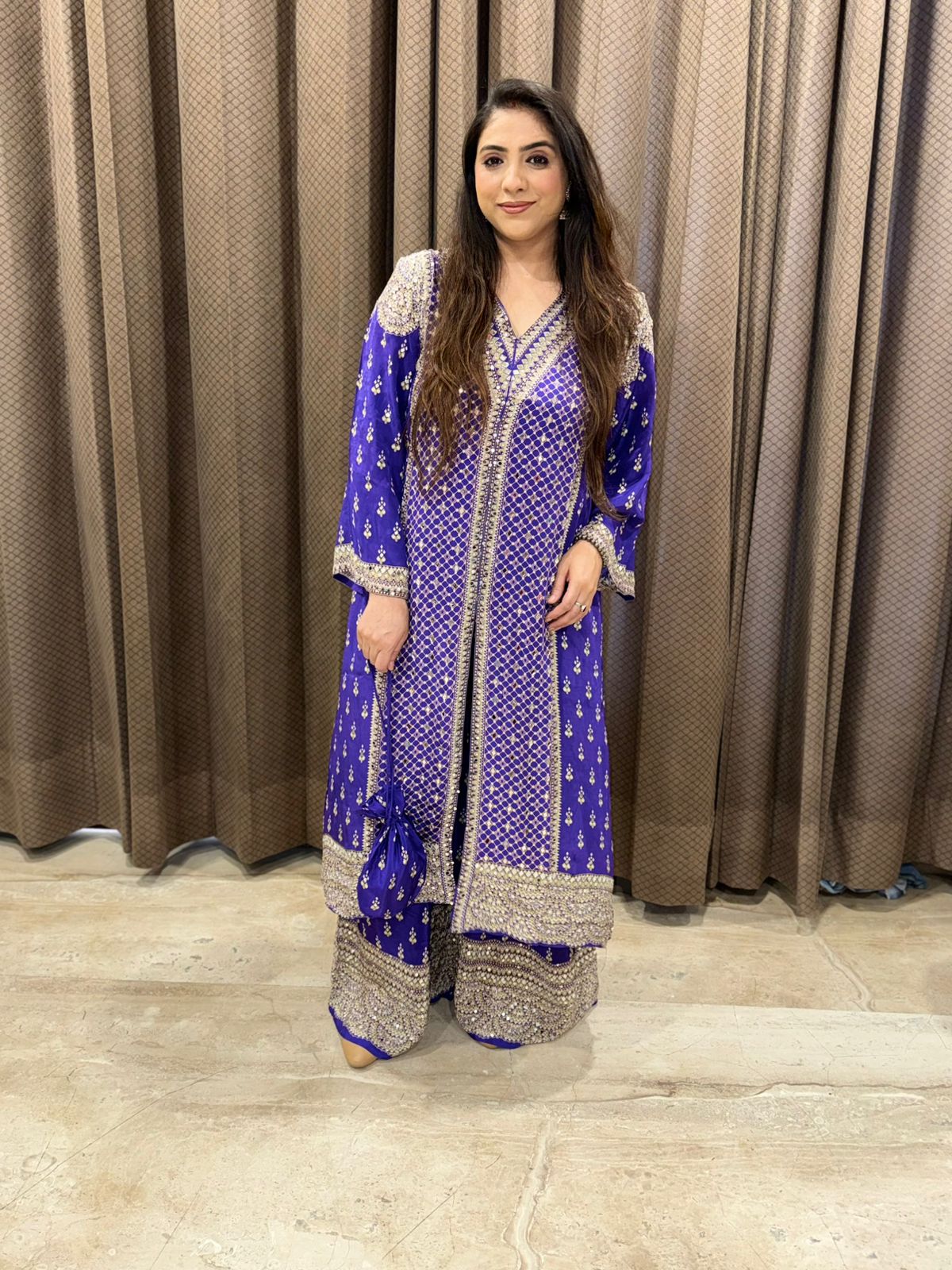 Designer Purple Indo western style with potli and Mirror detailing
