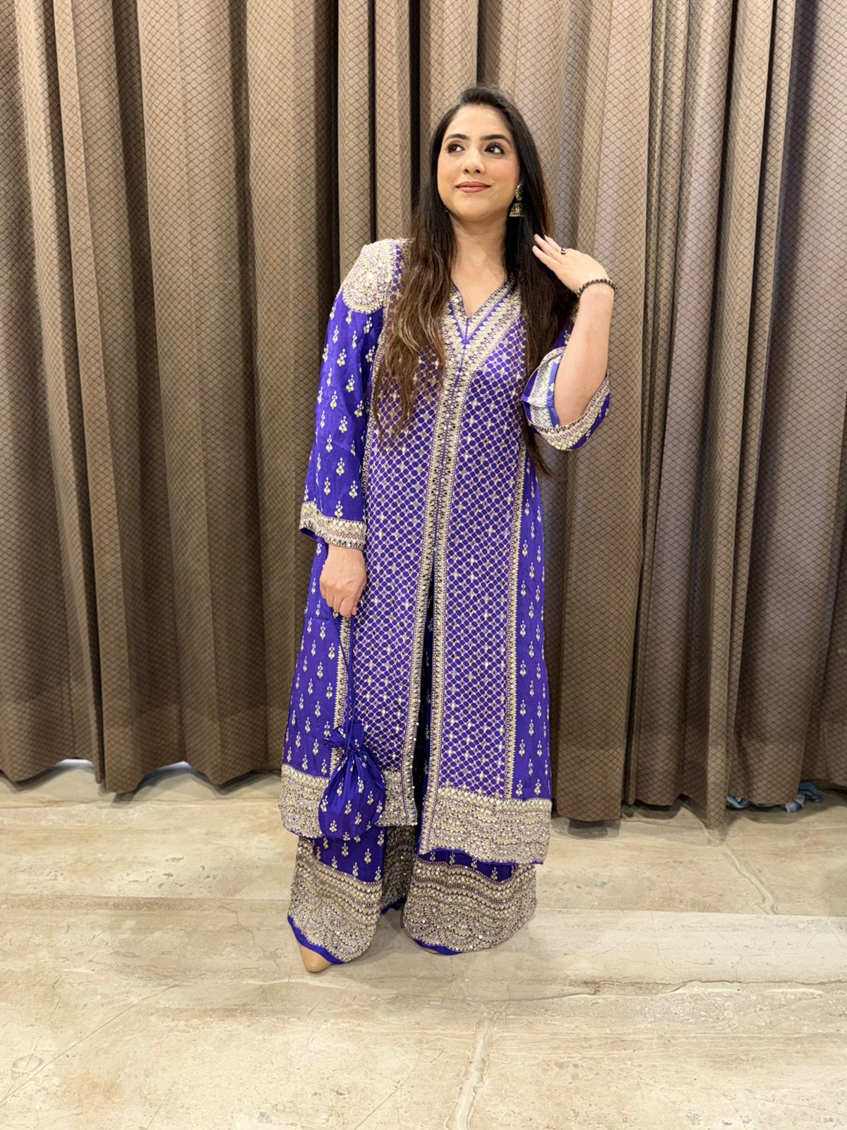 Designer Purple Indo western style with potli and Mirror detailing