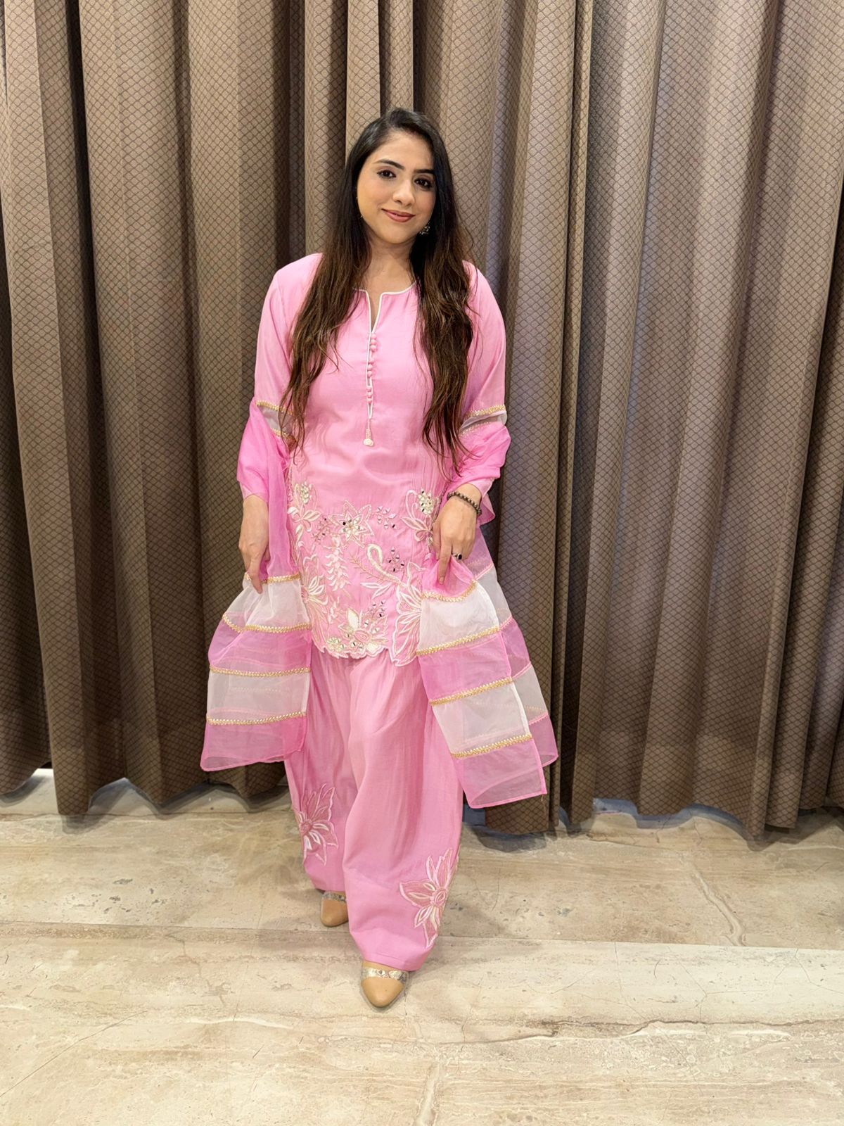 Designer Pink & Silver Contrast Farshi Set with duppata and handwork detailing