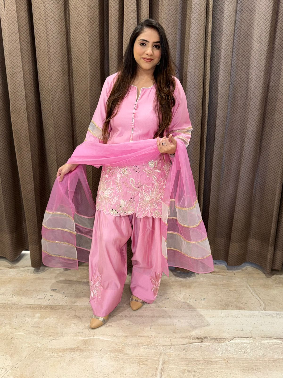 Designer Pink & Silver Contrast Farshi Set with duppata and handwork detailing