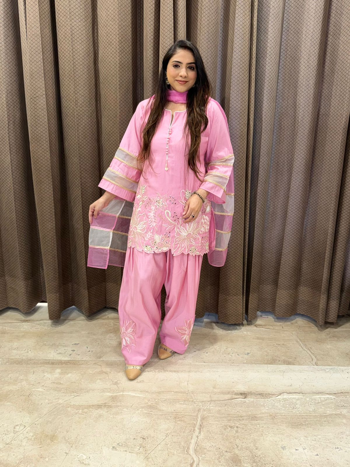 Designer Pink & Silver Contrast Farshi Set with duppata and handwork detailing
