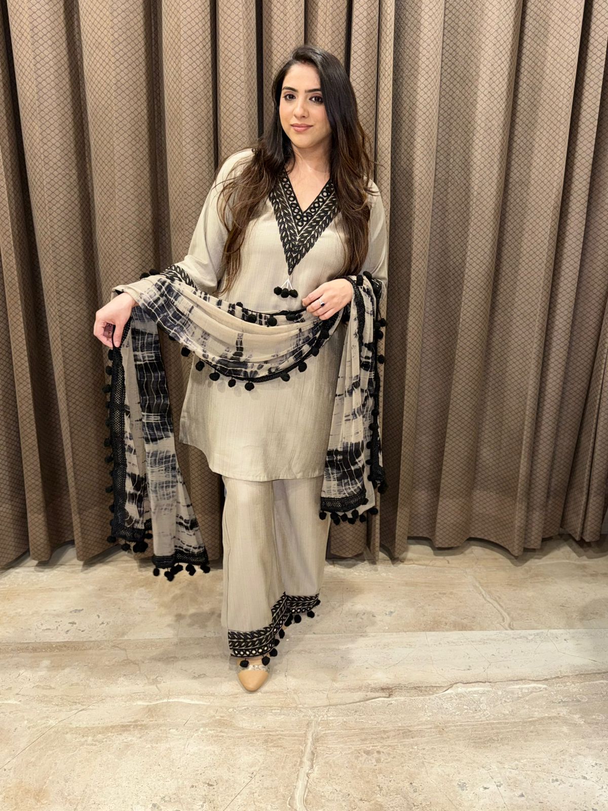 Designer Grey Plazoo Set with duppata and Pompom detailing