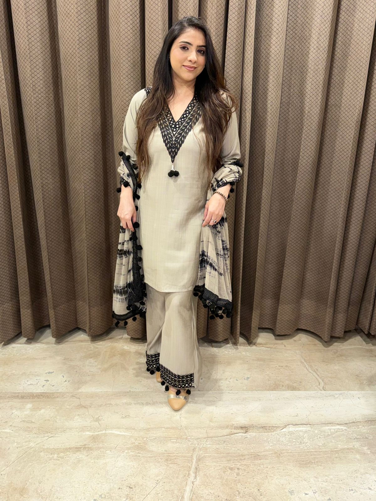 Designer Grey Plazoo Set with duppata and Pompom detailing