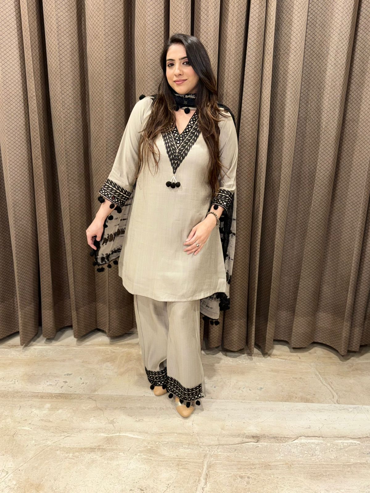 Designer Grey Plazoo Set with duppata and Pompom detailing