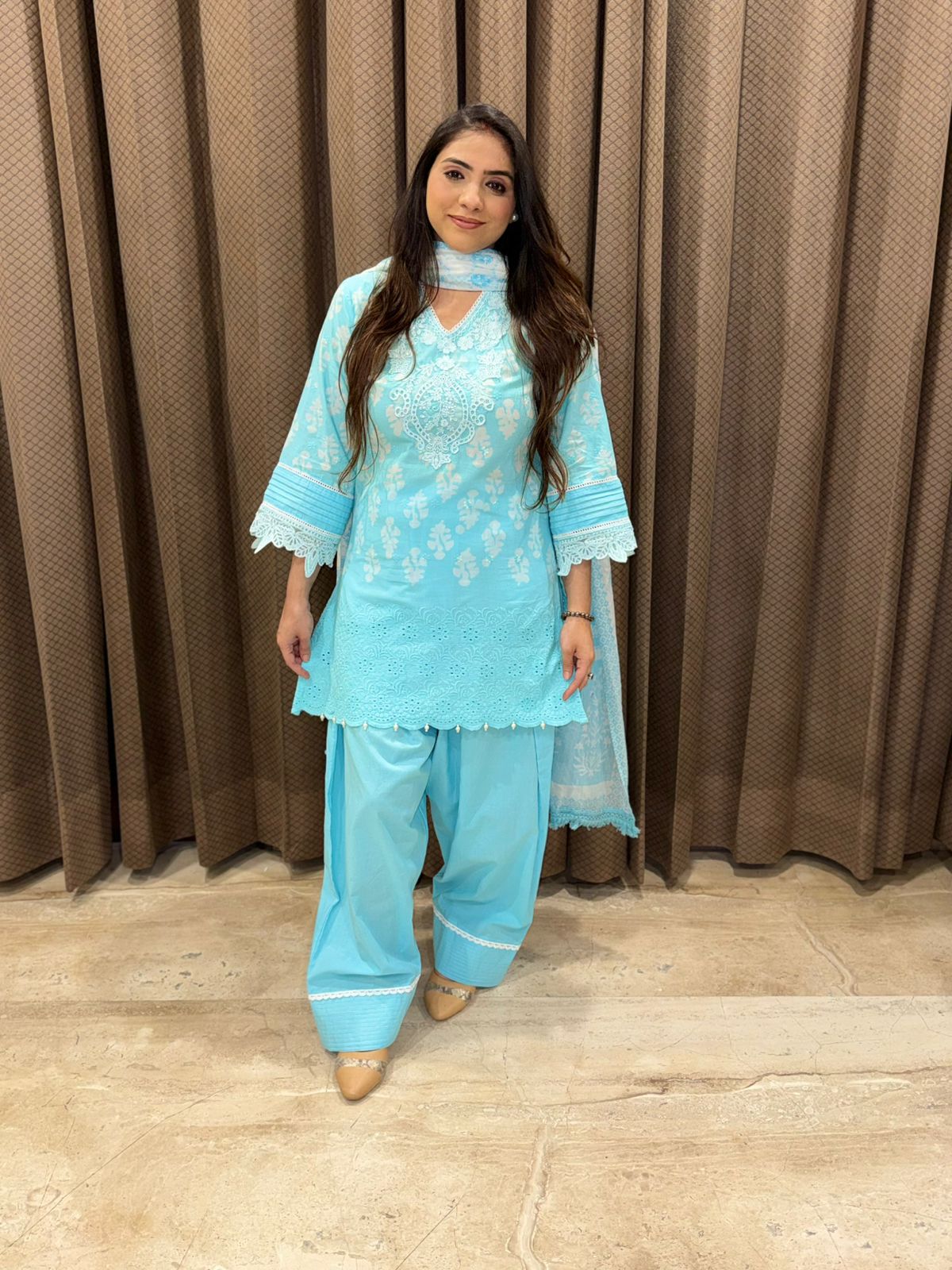 Gorgeous sky blue Cotton Farshi Set with dupatta and handwork