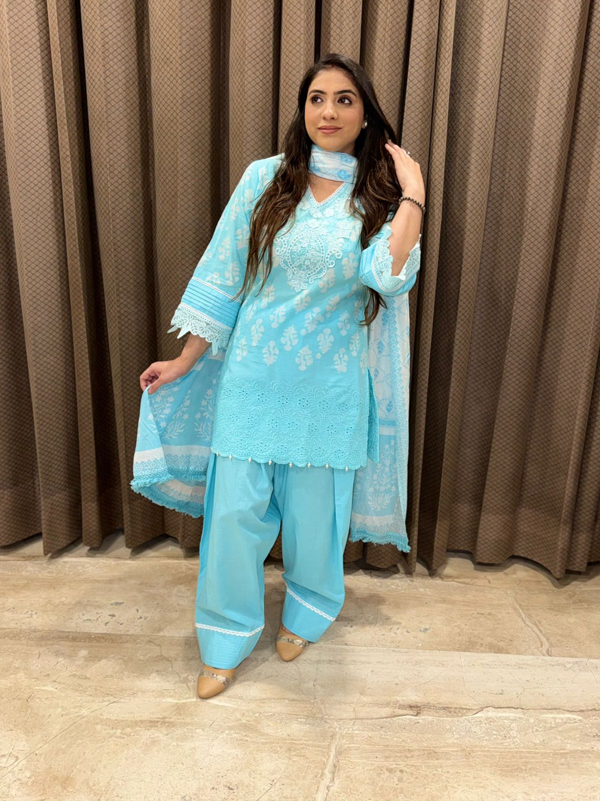 Gorgeous sky blue Cotton Farshi Set with dupatta and handwork