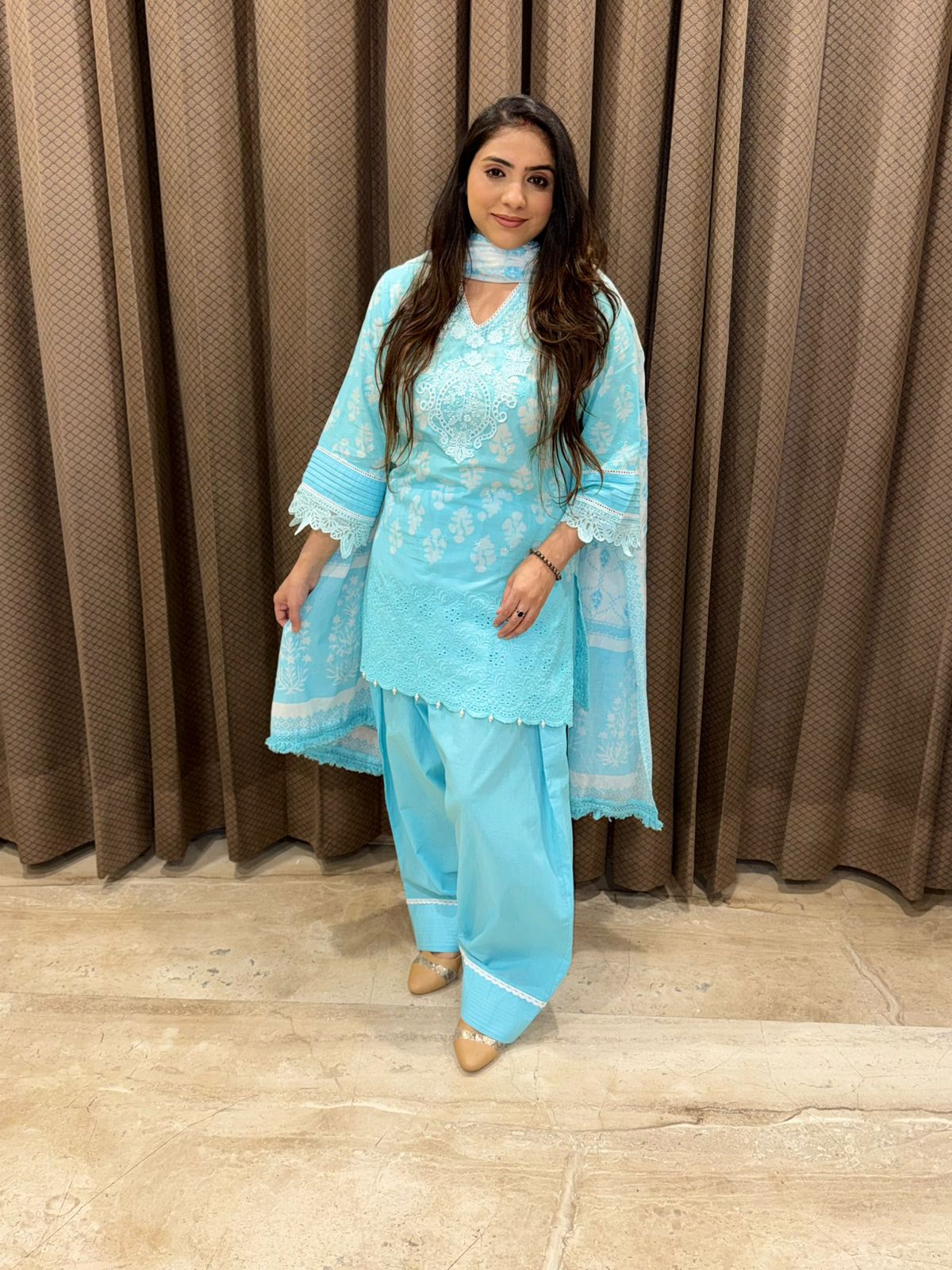 Gorgeous sky blue Cotton Farshi Set with dupatta and handwork