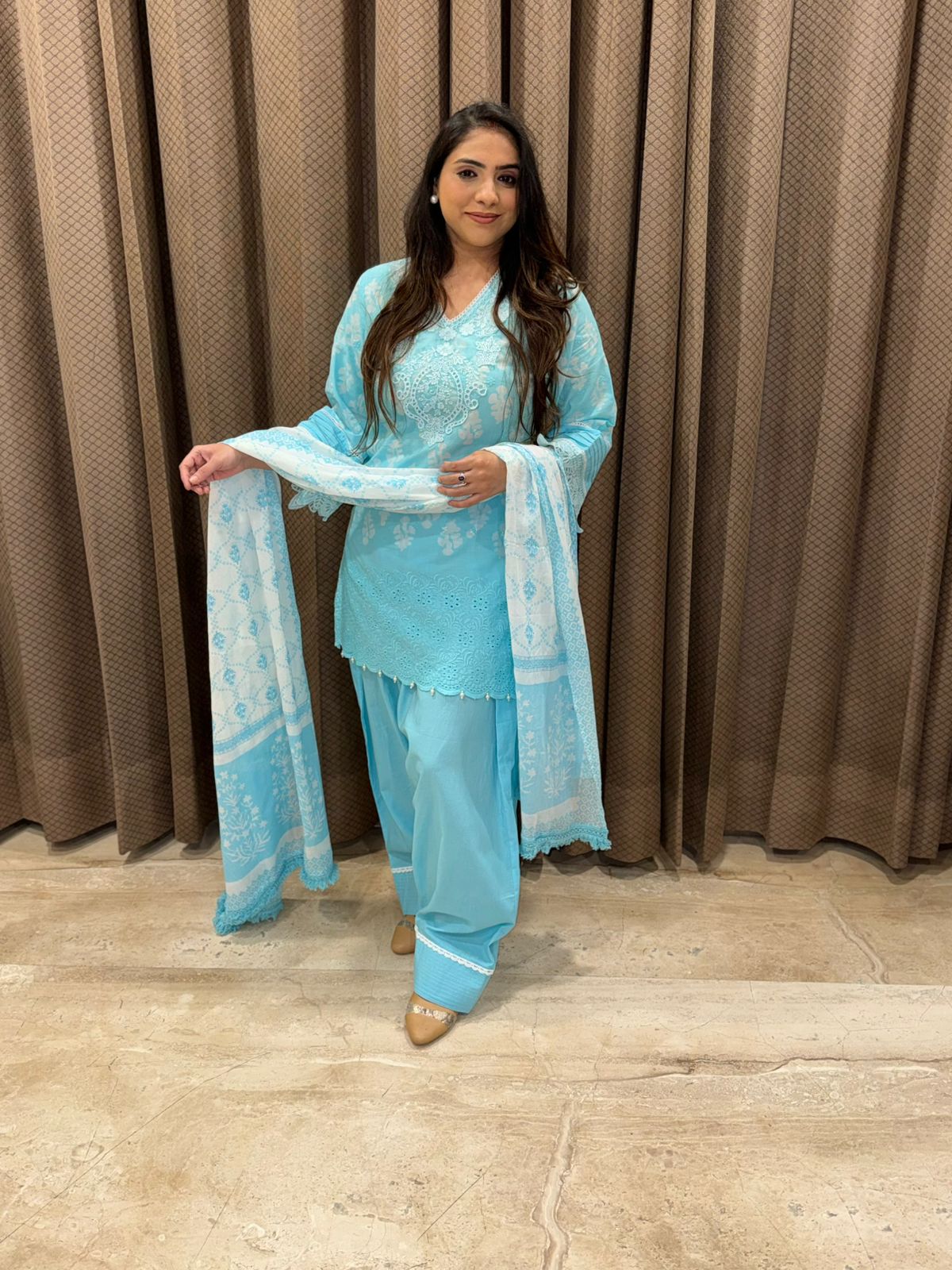 Gorgeous sky blue Cotton Farshi Set with dupatta and handwork