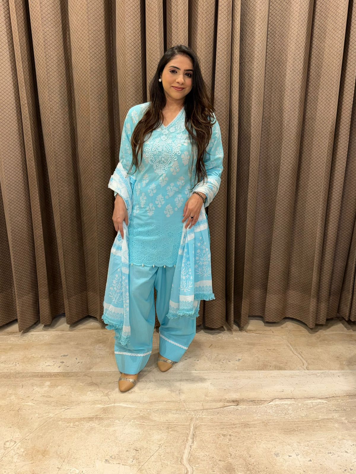 Gorgeous sky blue Cotton Farshi Set with dupatta and handwork
