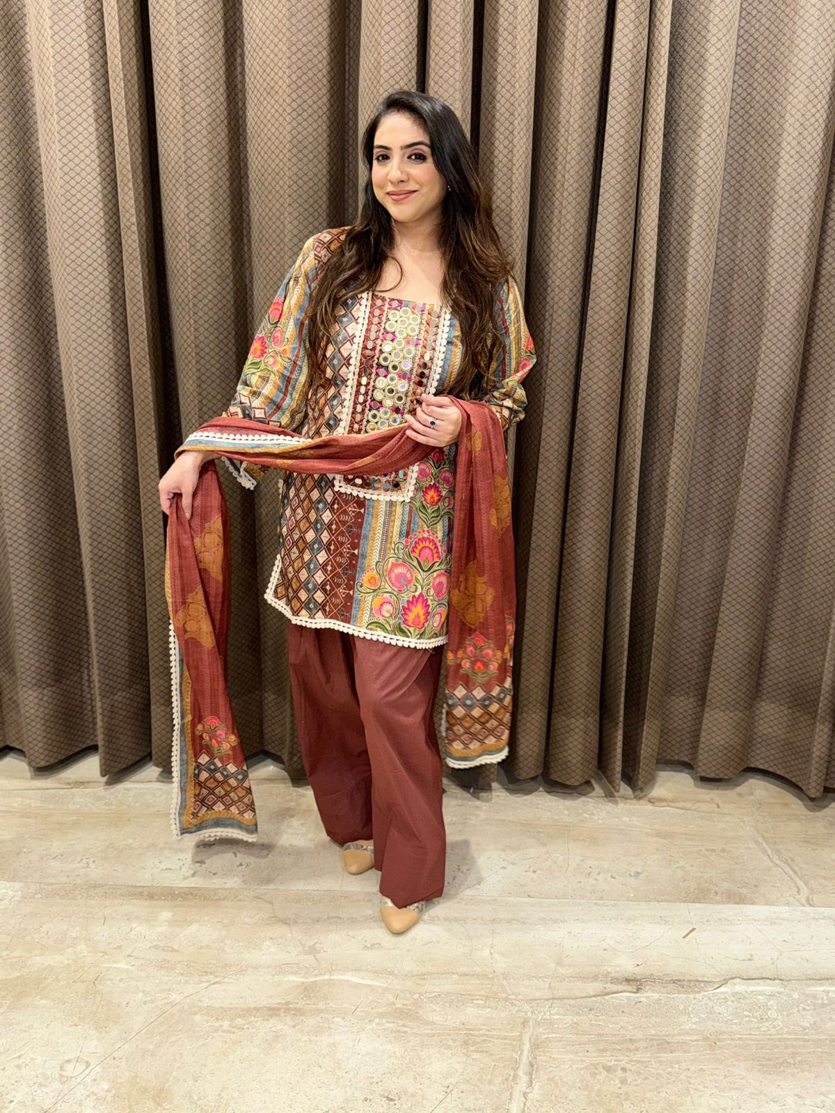 Brown Cotton digital print Farshi set with dupatta and handwork detailing