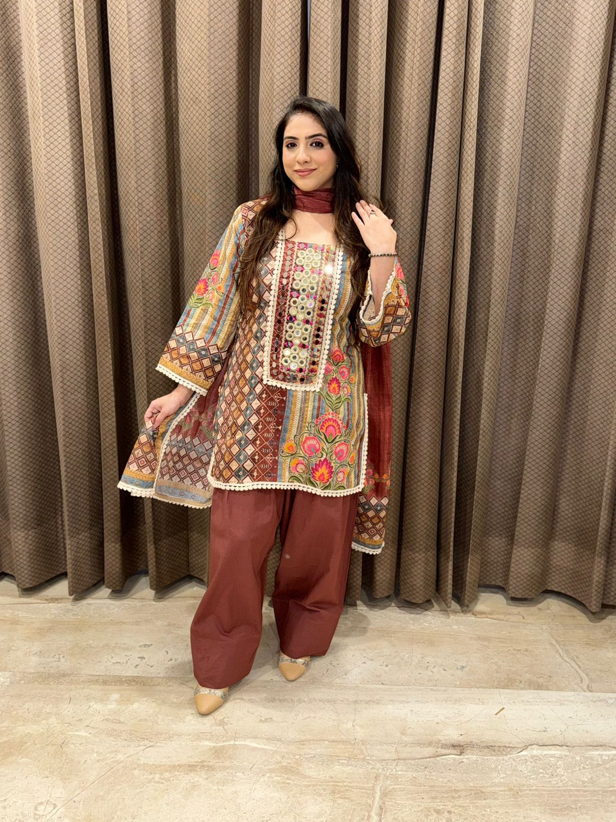 Brown Cotton digital print Farshi set with dupatta and handwork detailing
