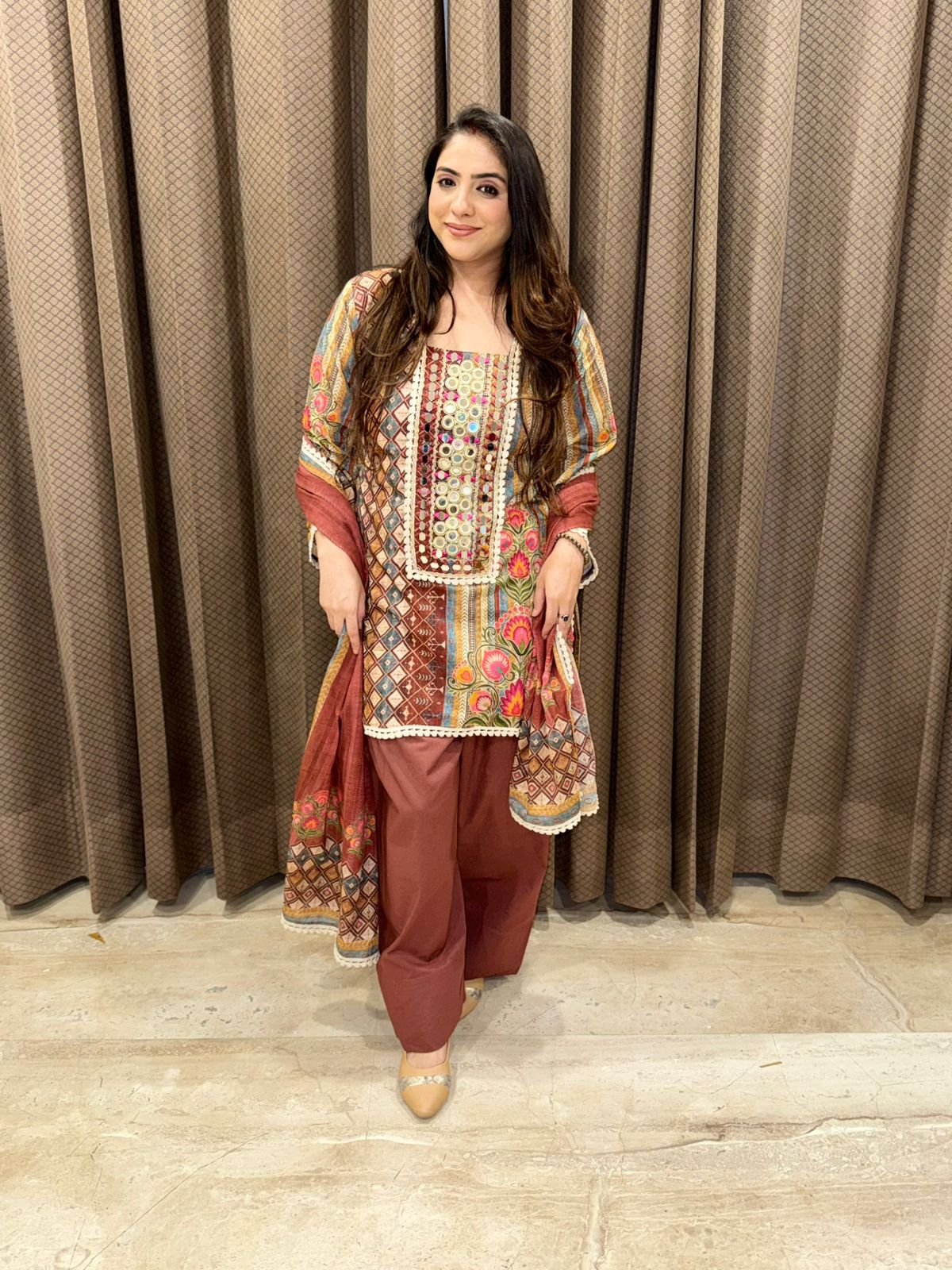 Brown Cotton digital print Farshi set with dupatta and handwork detailing