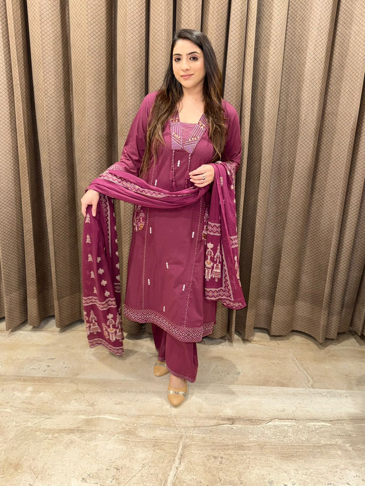 Stylish Wine Cotton suit set with dupatta and handwork detailing