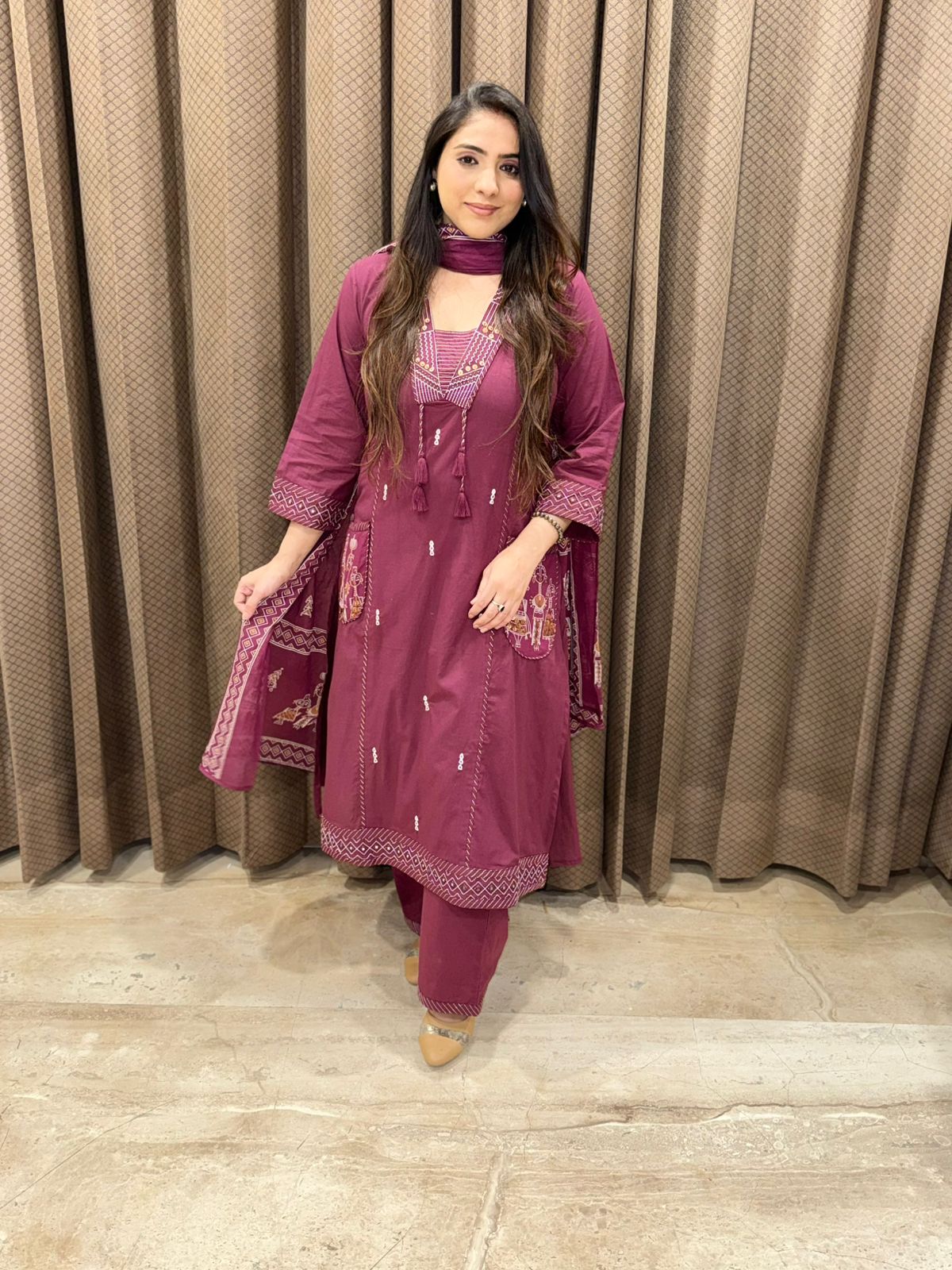 Stylish Wine Cotton suit set with dupatta and handwork detailing