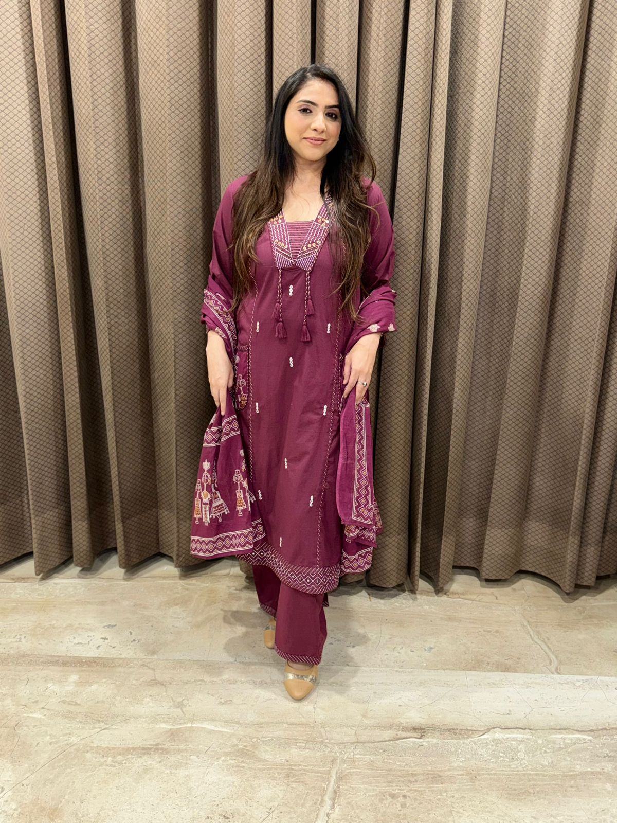 Stylish Wine Cotton suit set with dupatta and handwork detailing
