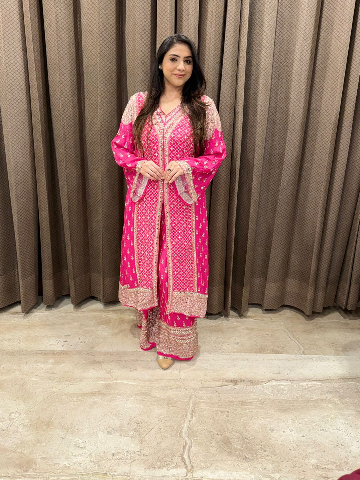 Designer Pink Indowestern style with mirror work & Potli