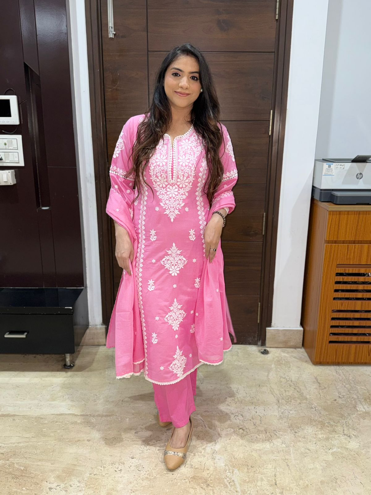 Elegant Pink embroidered Straight suit set with dupatta