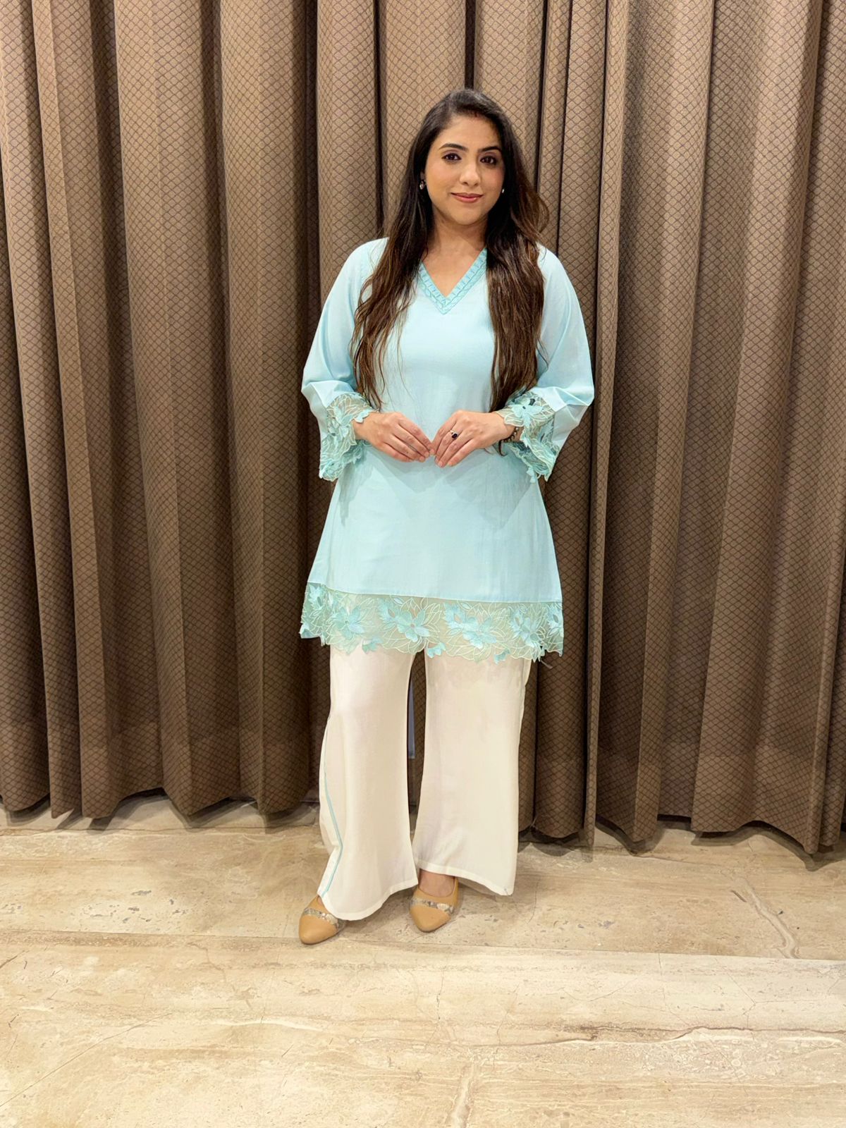 Blue & white Pakistani Style Co-ord set with lace work