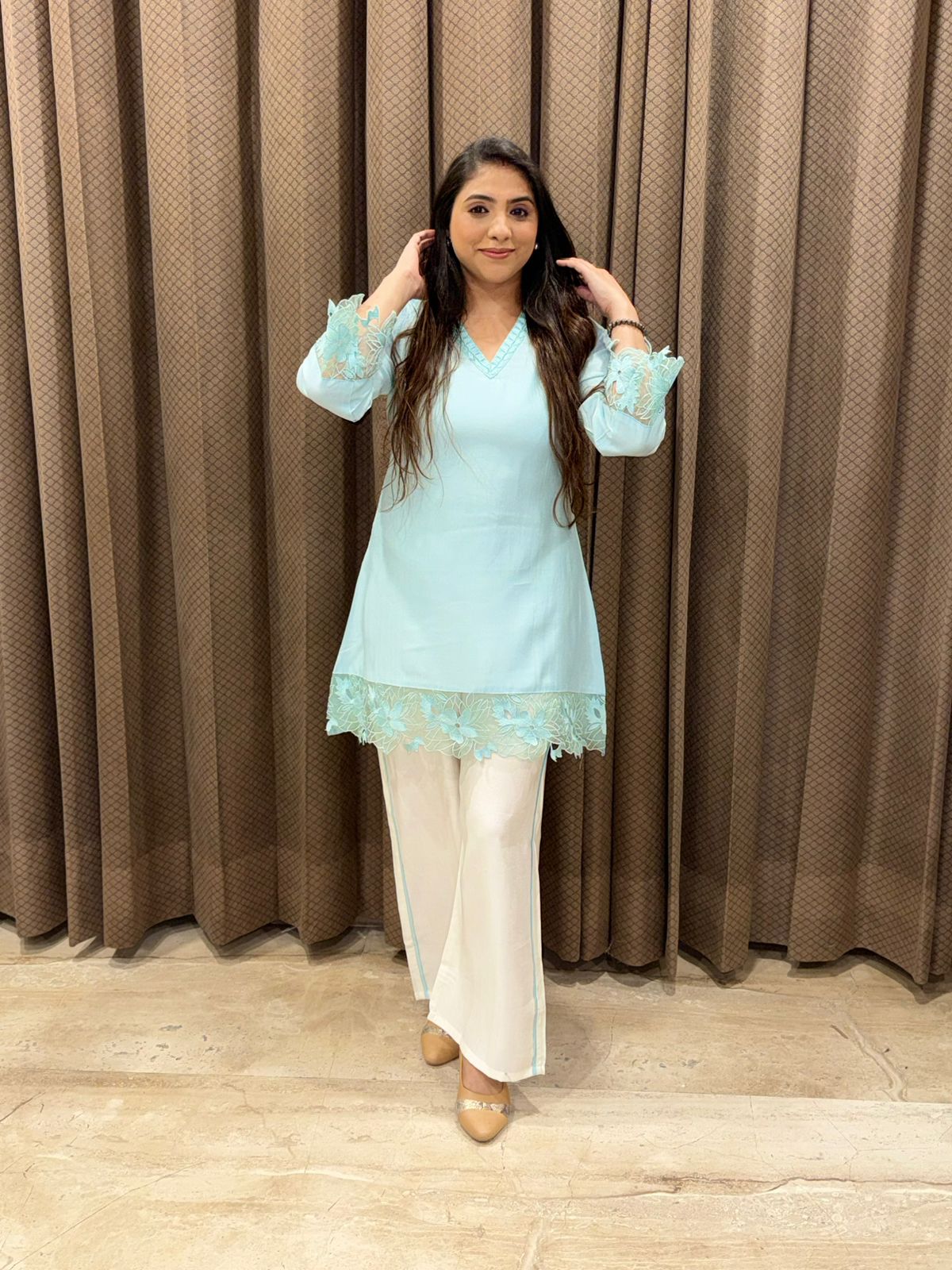 Blue & white Pakistani Style Co-ord set with lace work