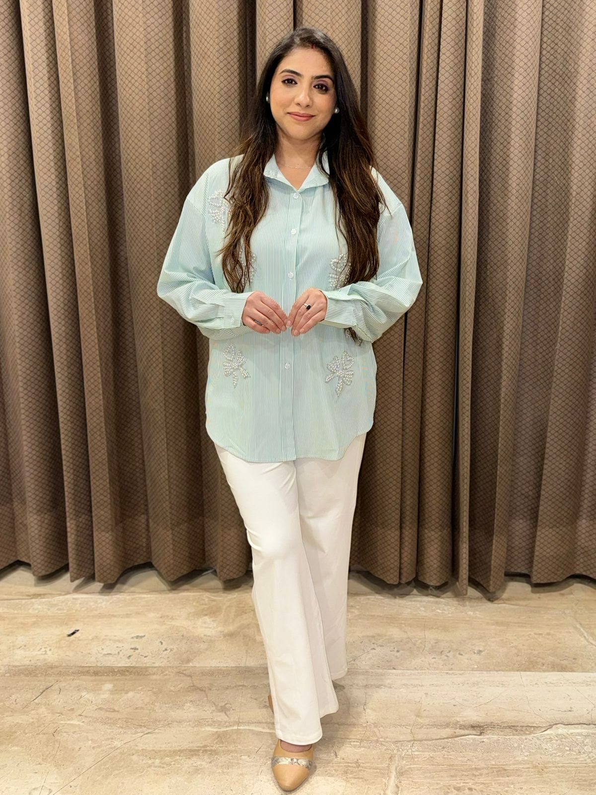 Smart Green stripes Collar shirt with bow on pearl & swarovski Handwrok