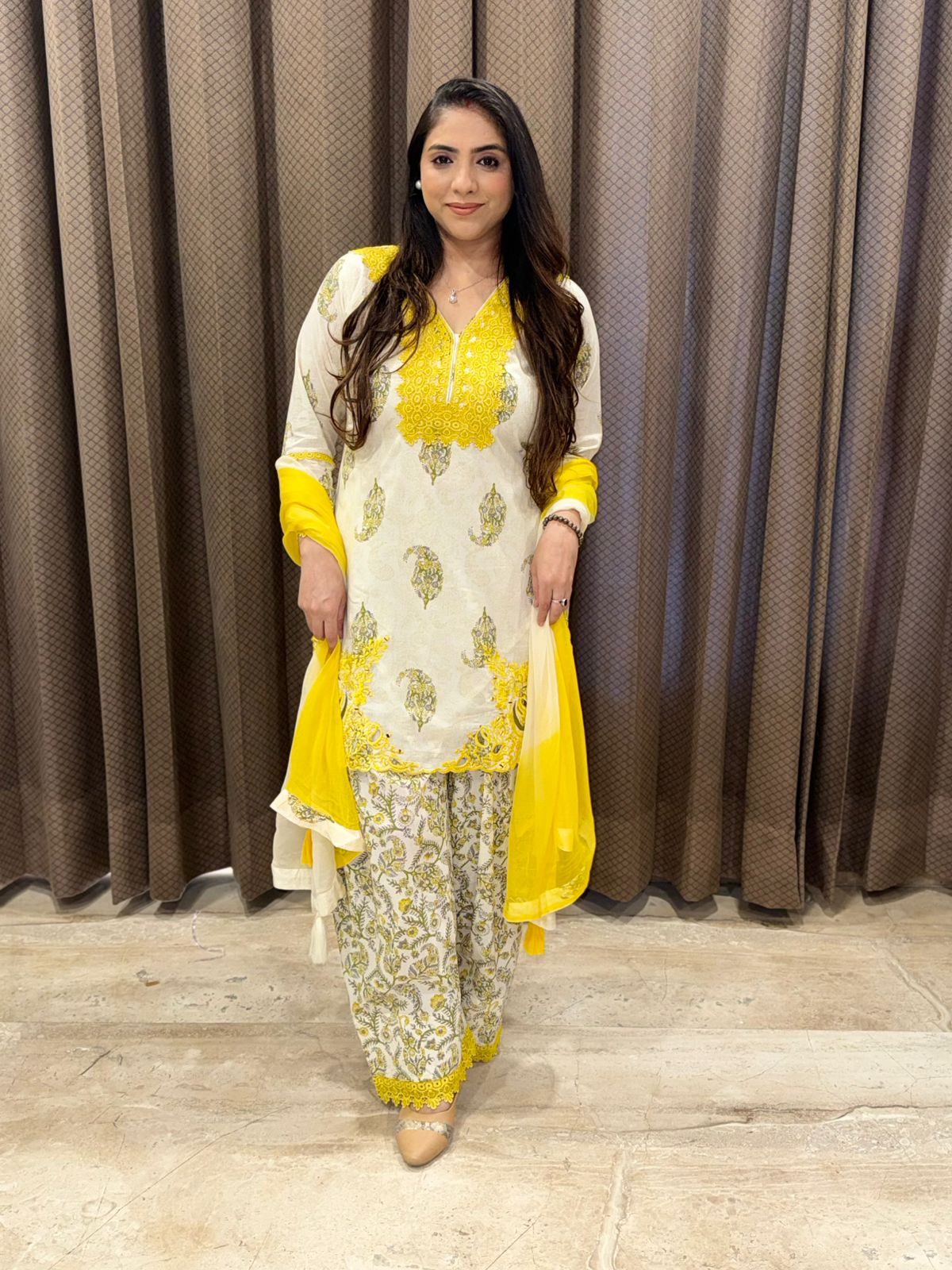 Designer Yellow cutwork & Handwork farshi Set with ombre dupatta