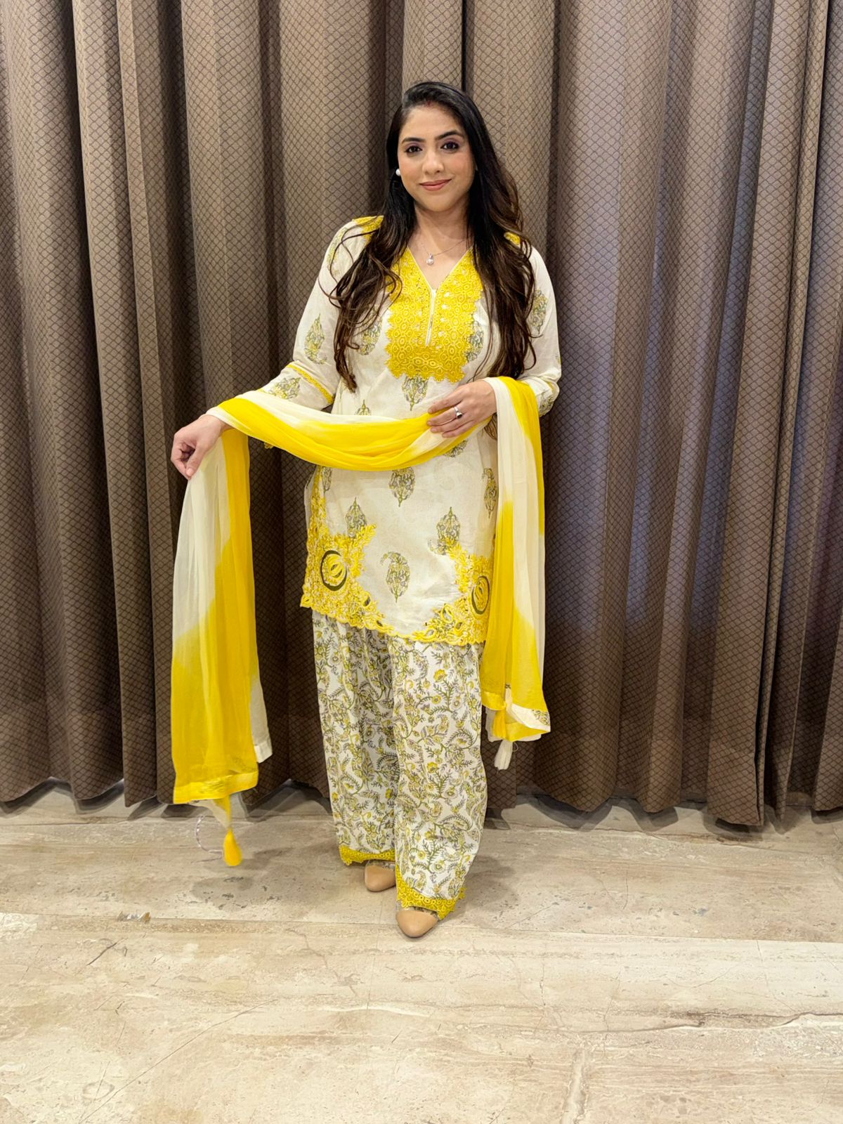 Designer Yellow cutwork & Handwork farshi Set with ombre dupatta