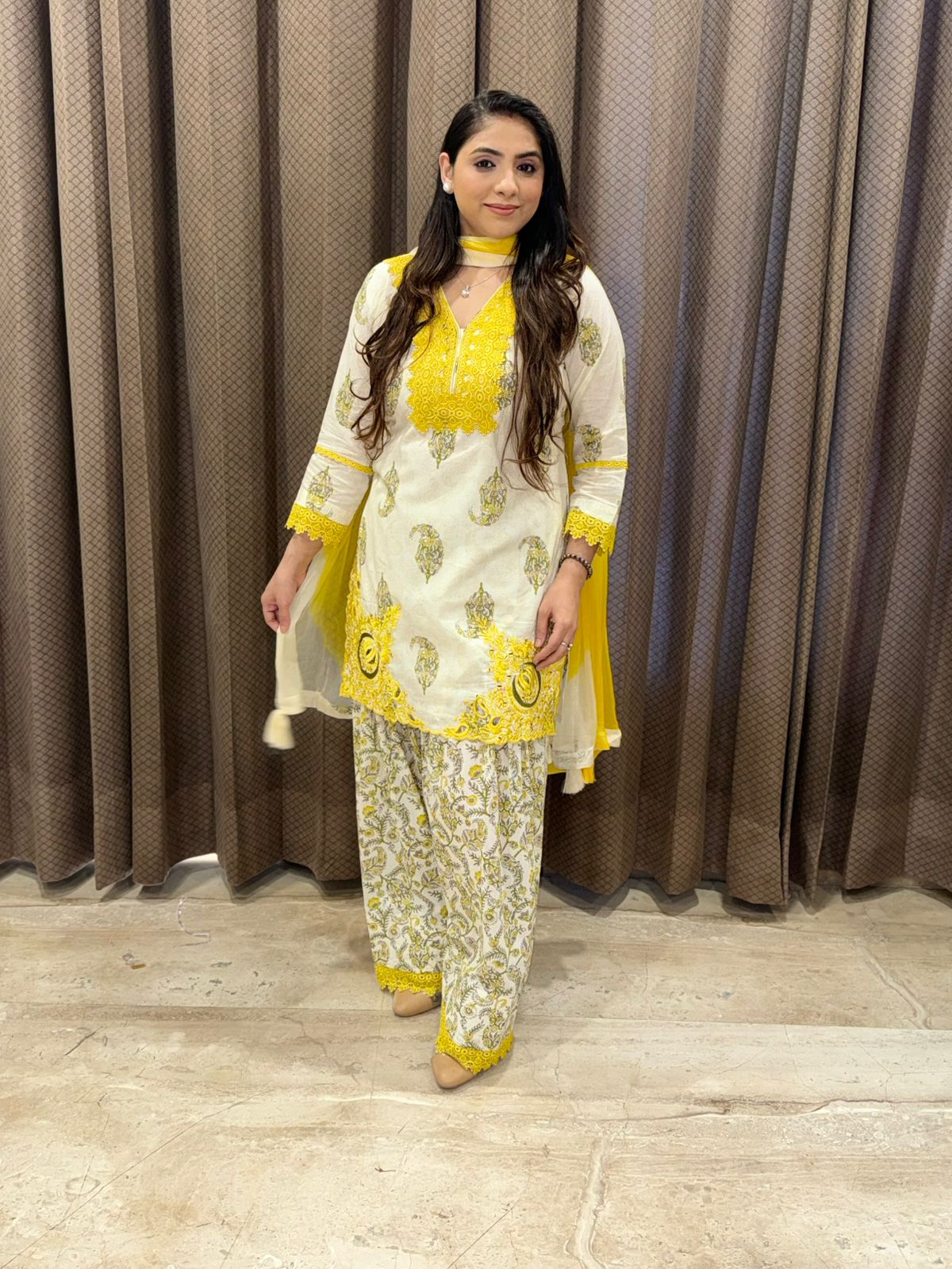 Designer Yellow cutwork & Handwork farshi Set with ombre dupatta