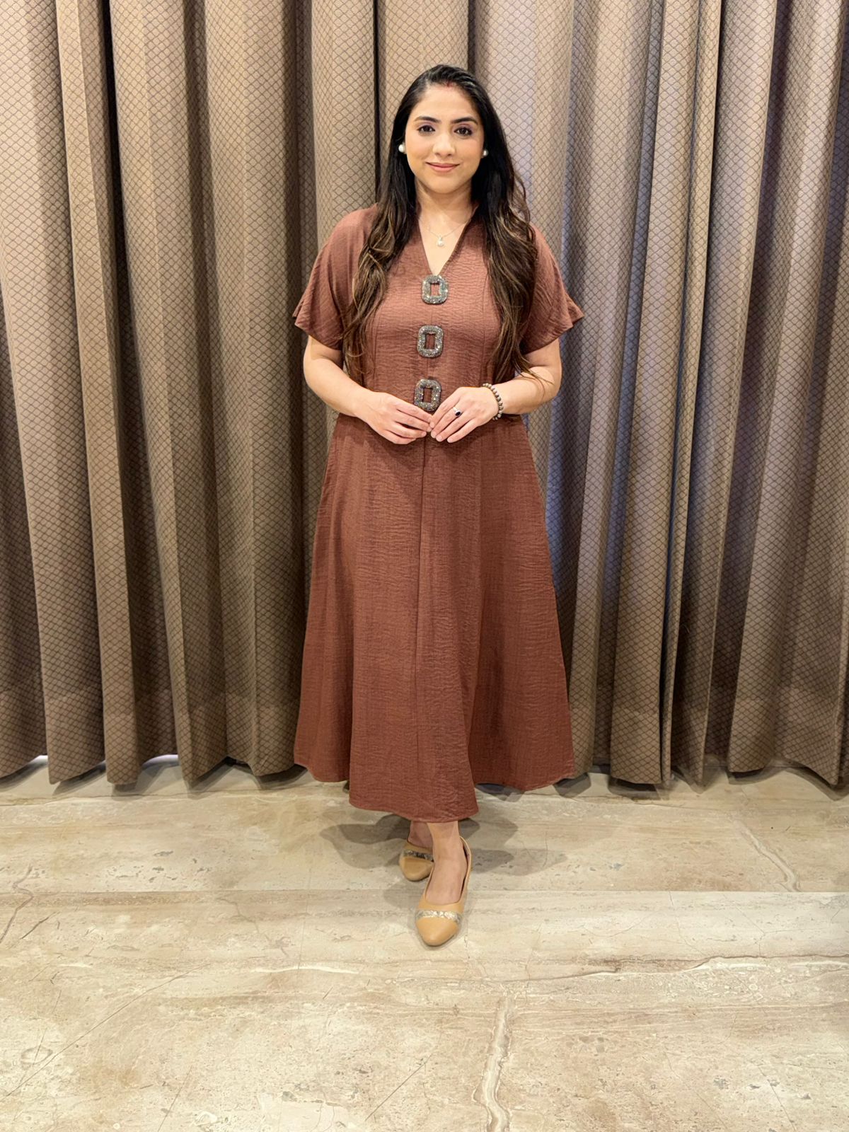 Smart Brown Midi dress with Handwork button detailing & pockets