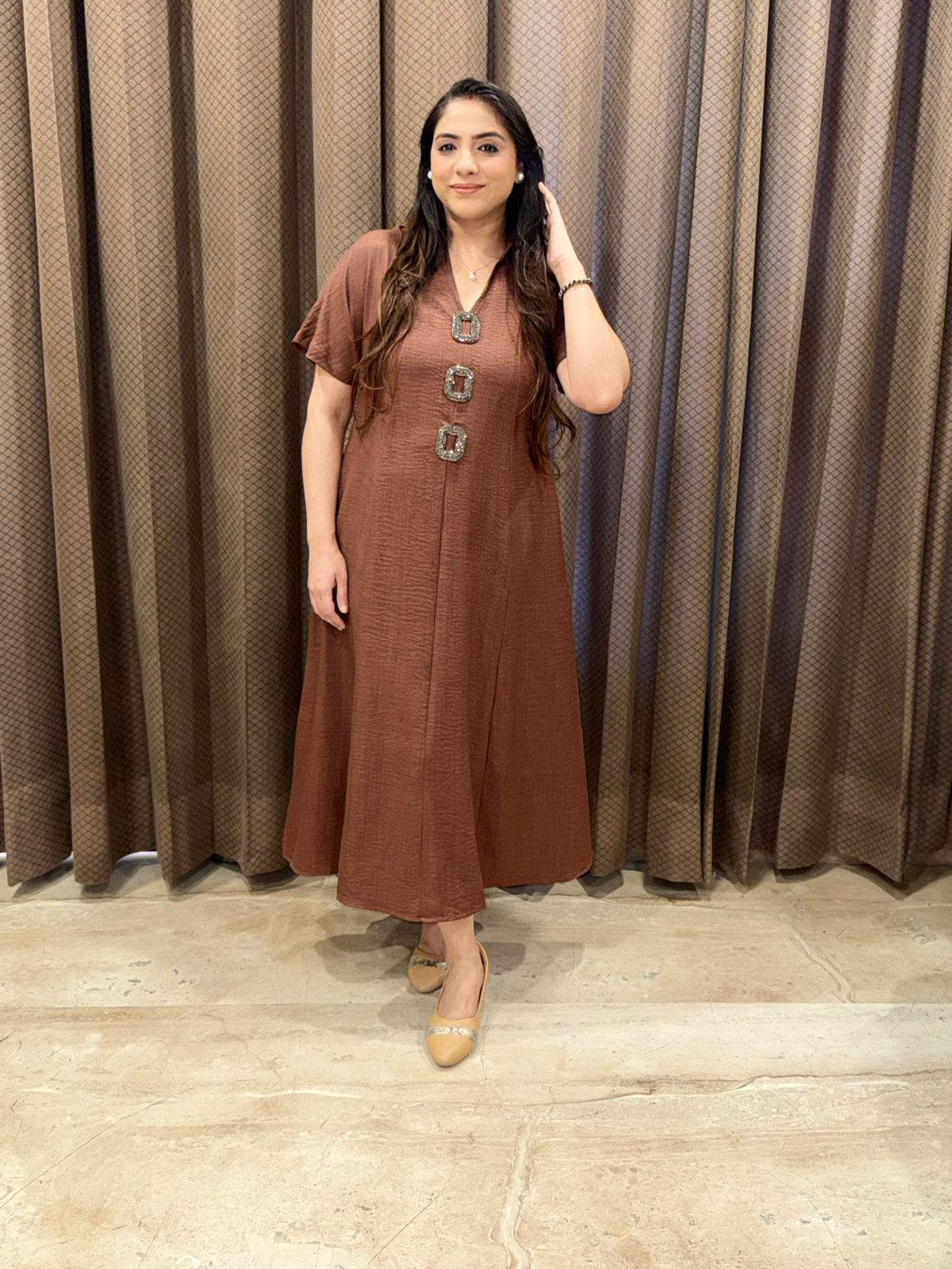 Smart Brown Midi dress with Handwork button detailing & pockets